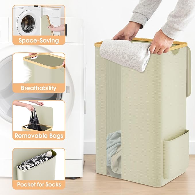 Laundry Basket Clothes Hamper with Lid and Pocket Large Collapsible Laundry Baskets with Handle, Freestanding Hampers for Bedroom Aesthetic, Dorm, Bathroom, Laundry Room (100L, Beige)