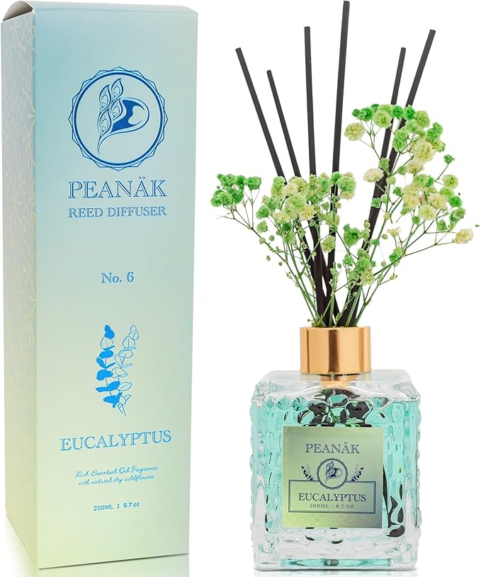 Reed Diffuser Set - Eucalyptus Mint Oil, Oil Diffuser Sticks, Bathroom Diffuser, Bathroom Decor, 200ml with Preserved Flowers - PEANÄK