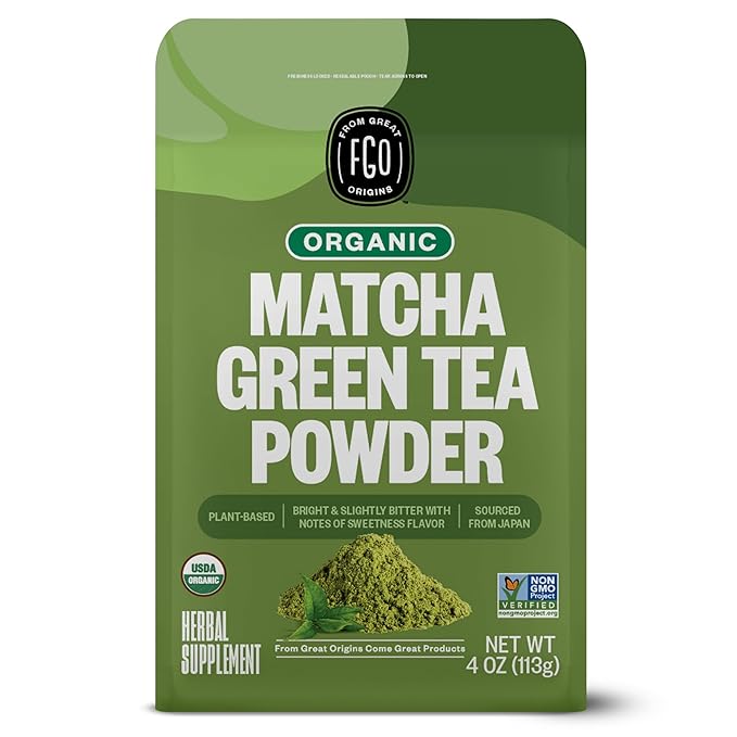 FGO Organic Matcha Green Tea Powder, Japanese Culinary Grade for Cooking, Baking, and Smoothies, 4 Ounce Resealable Bag, Packaging May Vary (Pack of 1)