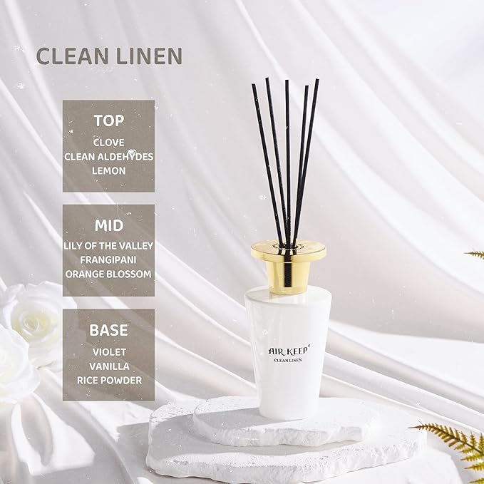 Airkeep Reed Diffuser Set 5.07 fl oz, Clean Linen Scent Diffuser with Sticks, Home Fragrance Oil for Bedroom, Bathroom, Office Decor