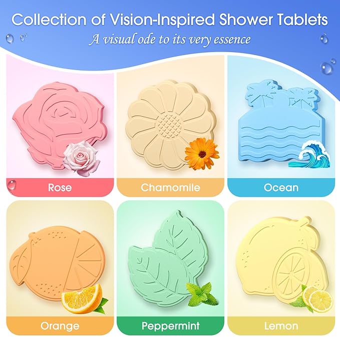 Shower Steamers 6 Pack Shower Bombs with Unique Shapes & Scents, Orange Peppermint Lemon Rose Chamomile Sea, Self Care Shower Steamer, Stocking Stuffers Christmas Gifts for Women, Men