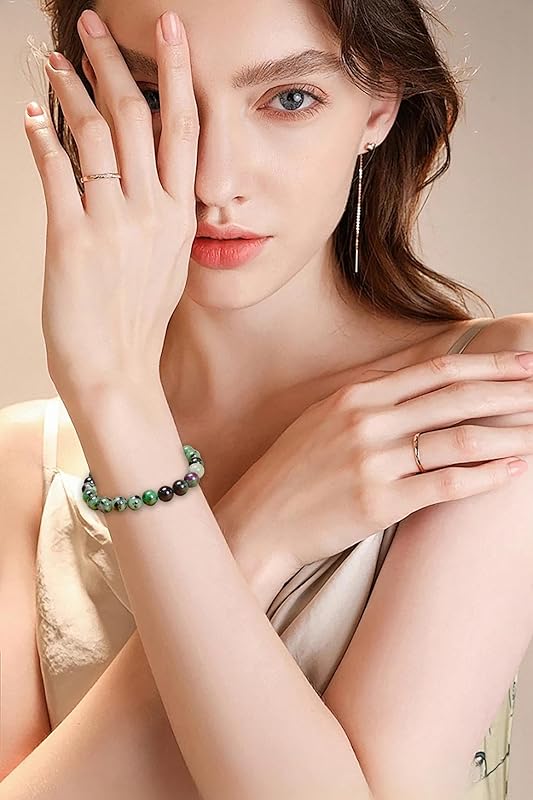 AD Beads Handmade Gemstone Stretch Elastic Bracelet Crystal Healing Reiki Nature's Beauty and Spiritual Essence Unisex (12mm, Ruby Zoisite (Rejuvenation))