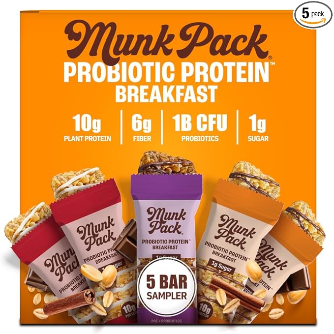 Munk Pack Probiotic Protein Breakfast Bars - 10g Plant Protein, 1g Sugar, 6g Fiber – For Adults & Kids, Low Sugar Snack, Gluten-Free, Diabetic-Friendly, Non-GMO, Sampler Pack- 5 Pack
