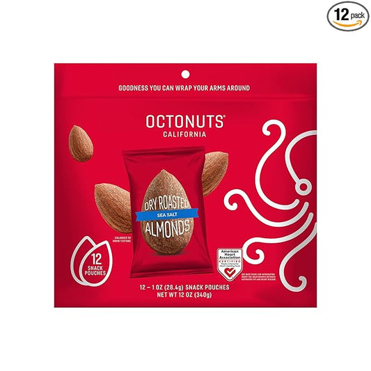 Octonuts Sea Salt Almonds – 12 Individually Wrapped Snack Packs (1oz Each), Healthy Snacks for Adults and Kids, Non-GMO, Keto and Gluten-Free, Roasted in Cold Pressed Olive Oil