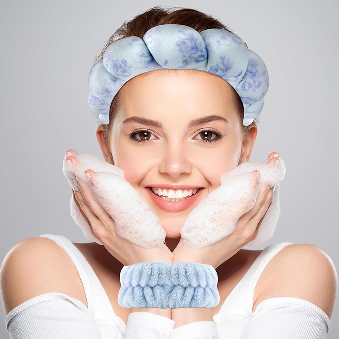Zkptops Spa Headband for Washing Face Wristband Set Flower Sponge Makeup Skincare Velvet Fabric Bubble Soft Get Ready Hairband for Women Puffy Headwear Non Slip Thick Thin Hair Accessory(Blue Flowers)
