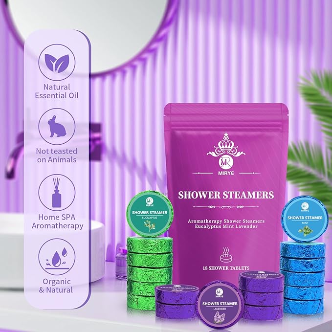 Shower Steamers Aromatherapy Gifts for Women, 18-Pack Organic Eucalyptus Lavender Mint Essential Oil Shower Bombs, Self Care Stress Relief Birthday Gifts for Her/Him, Mother's Day Gifts for Mom