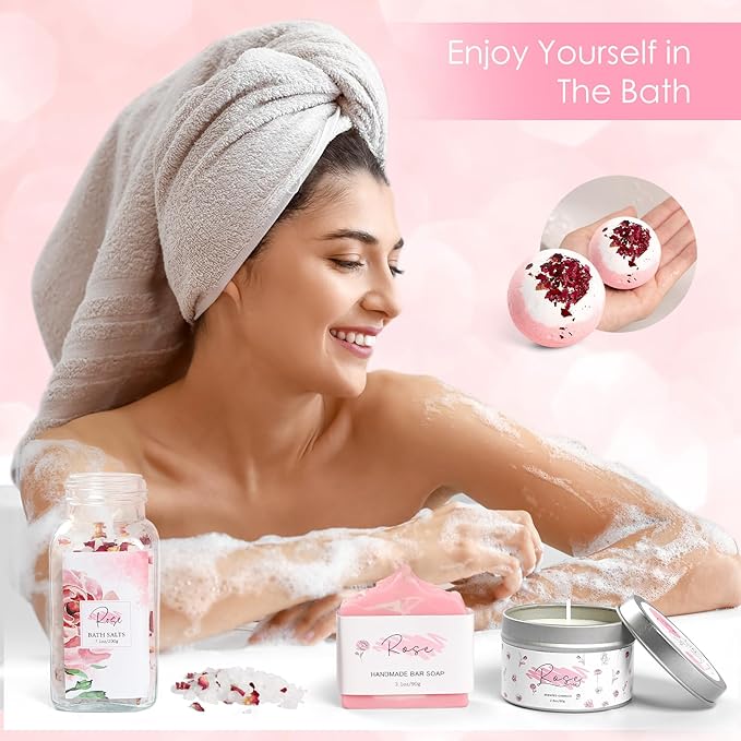 Mother's Day Gifts,Rose Spa Gifts Set, Bath Gifts Set for Women, Relaxing Spa Gift Basket for Women, Self Care Package, Home Spa Products, Birthday Gifts for Mom Mother's Day (Rose)