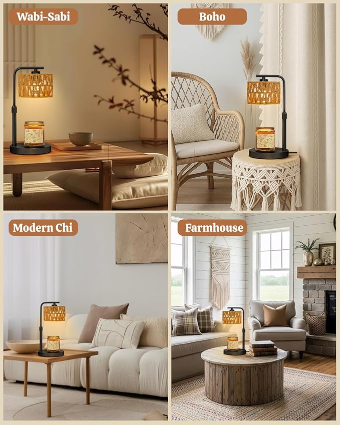 Candle Warmer Lamp, Timer Dimmable Wax Warmer, Adjustable Height and Brightness Candle Melt Lamp, Boho Rattan Lampshade and 2 Bulbs, Suitable for Home Decor, Birthday Gifts for Women Mom (Black)