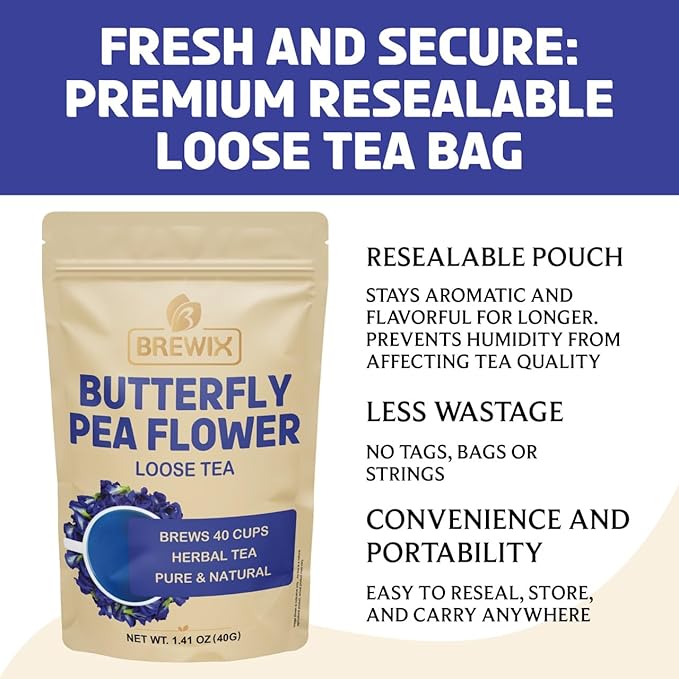 BREWIX, Butterfly Pea Flower Herbal Tea Loose Leaf (40+ Cups,1.41oz/40g) | Caffeine Free | Premium Dried Butterfly Pea Flowers For Blue & Purple Drinks, Food Coloring