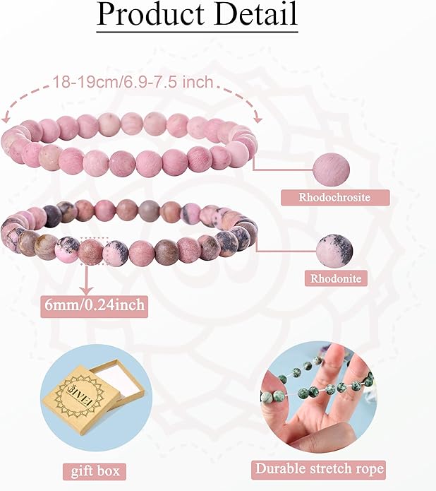 Bivei Natural Gemstone Semi Precious Healing Crystals Handmade Stretchy Round Beads Bracelet, Enhance Positive Energy