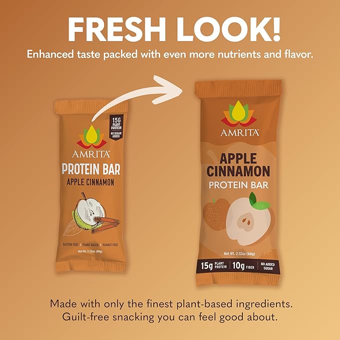 Amrita Nut Free Apple Cinnamon Vegan Protein Bars (12 Count) | 11g Plant-Based Protein Bar | Peanut Free, Gluten Free, and Dairy Free | Low Sugar, High Fiber, Healthy School-Safe Snacks
