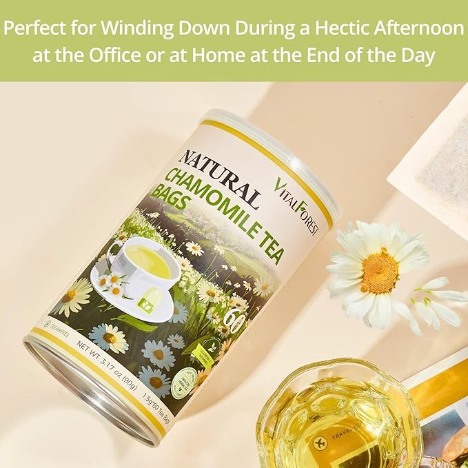 60 Chamomile Tea Bags, VitalForest Chamomile Flowers Tea, Natural Pure Camomile Tea, Caffeine Free Camomille Herbal, Help Reduce Stress And Sleep Better, Non-GMO