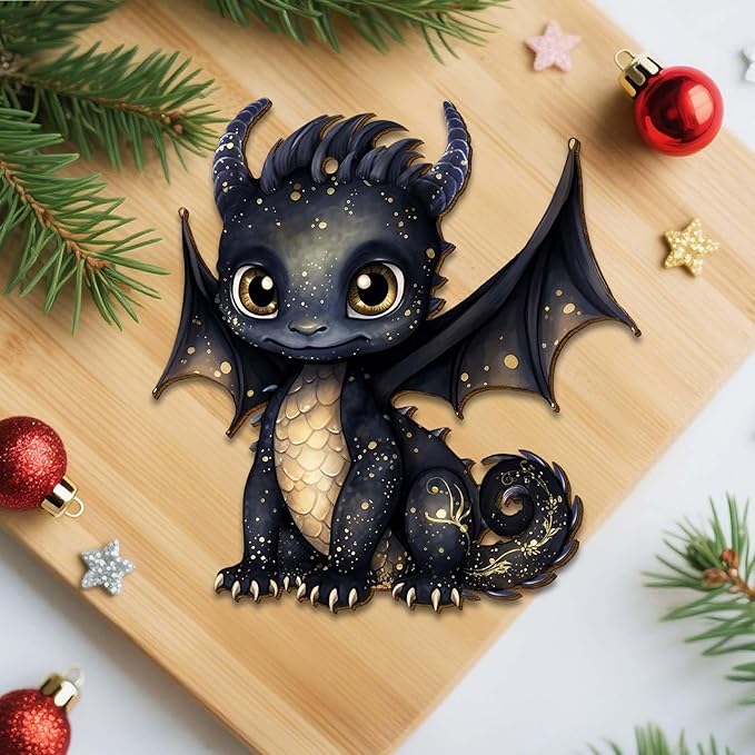 Black Dragon Christmas Tree Keepsake Ornaments, Funny Dragons Themed 2 Side Printed Flat Wooden Ornament, Xmas Hanging Decor