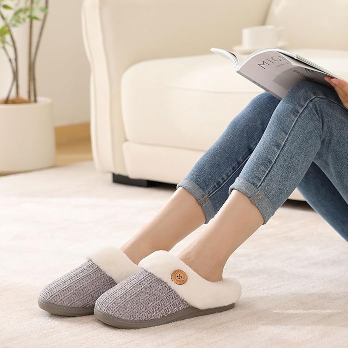 Evshine Warm Knit House Slippers for Women Comfy Wool-Like Lined Chenille Slippers with Memory Foam and Indoor Outdoor Soles