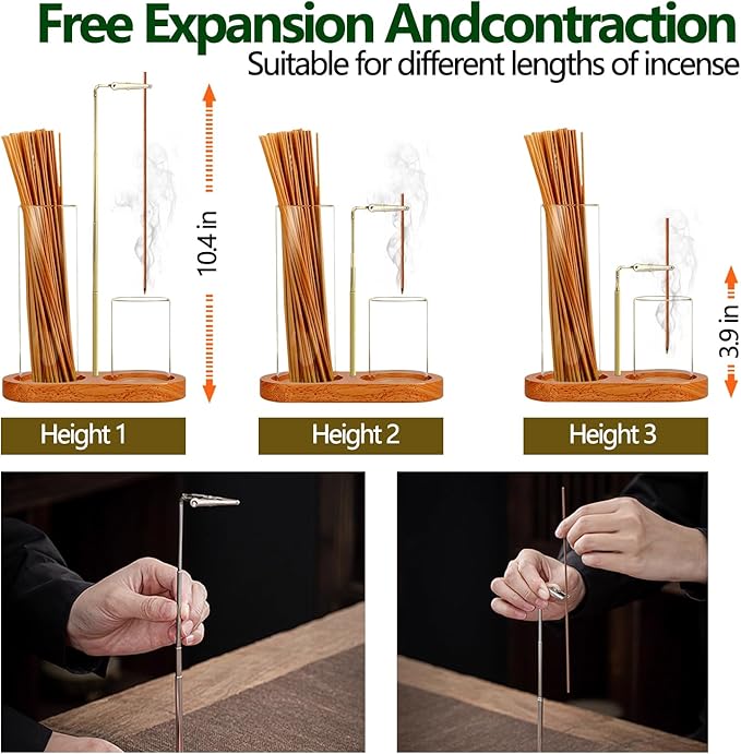 2 in 1 Incense Holder for Sticks(Height Adjustable), Anti-Ash Flying Insence-Sticks Burner with Glass Incense Holder Organizer for Meditation Yoga Spa Home Decor Sage (Golden Metal Rod)