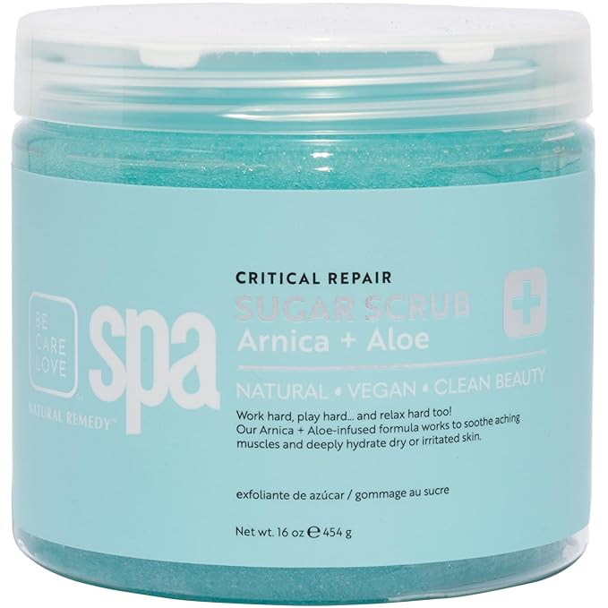 BCL Spa Critical Repair organic sugar scrub with Arnica and Aloe Vera, Hydrating & Exfoliating Body Scrub, Soothing & Nourishing organic botanical extracts & oils for hands, body, and foot spa, 16 oz