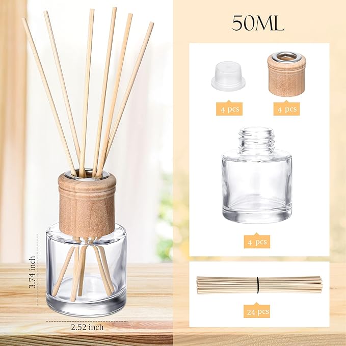Roshtia 4 Set Reed Diffuser Bottle Empty Refillable Fragrance Glass Diffuser Bottles Set with Wooden Caps Rattan Sticks 50ml 1.7 oz Round Glass Jars for DIY Fragrance