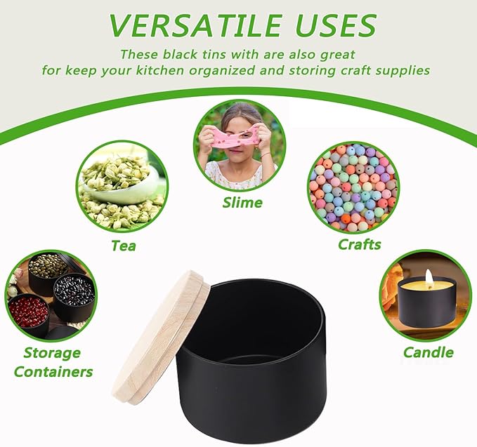 ABK 24PCS 4oz Black Candle Tins With Wood Grain Lids, Matte Jars for Candle Making, Empty Metal Container