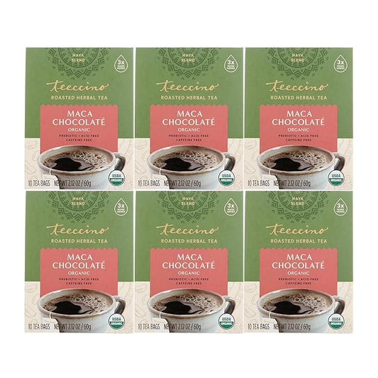Teeccino Maca Chocolaté Herbal Tea - Rich & Roasted Herbal Tea That’s Caffeine Free & Prebiotic with Natural Energy from Adaptogenic Peruvian Maca, 10 Tea Bags (Pack of 6)