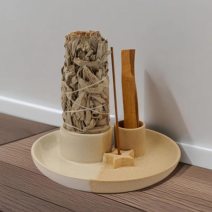 4 in 1 Incense Holder, Ceramic Incense Stick and Palo Santo Holder,Sage Holder for Burning- 5.5" Ceramic Ash Catcher Tray for Meditation and Yoga Room (Star Sand)
