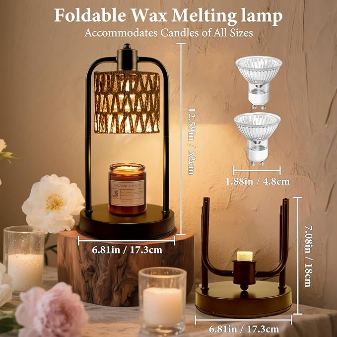 Candle Warmer Lamp with Light Timer: Electric Wax Melt Warming Lamps Dimmable for Jar Candles for Birthday Christmas Gift, Room, New House, Bedroom, Vintage Home Decor (Black + Brown Hemp Rope)