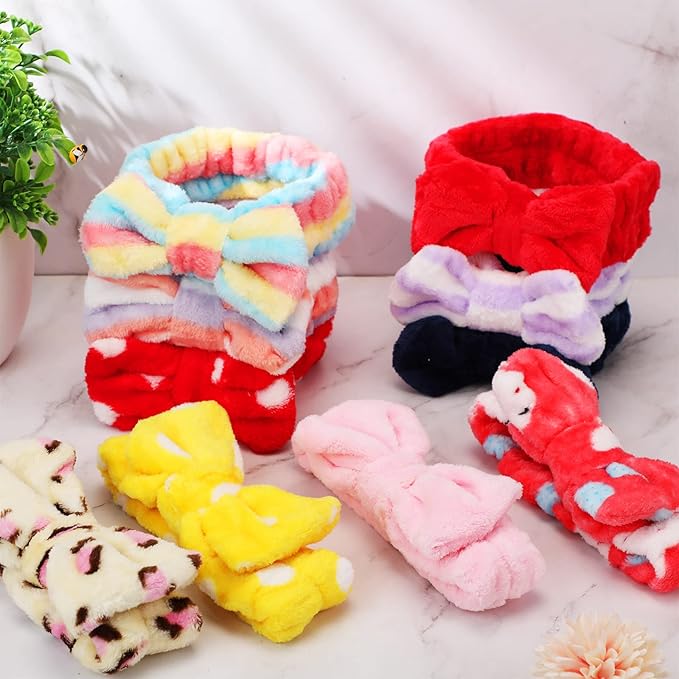 WILLBOND Spa Headband Bow Hairband Facial Makeup Women Face Wash Adjustable Skincare Headbands Flannel Towel Soft Head Wraps for Women Shower Washing Face (Stylish,24 Pieces)