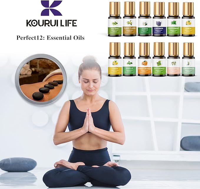Essential Oils Set for Diffuser, 100% Natural Aromatherapy Essential Oils,12 Single Oils: Lavender, Peppermint & More, Wood Box Gift Set, 10 mL (1/3 oz), for Home Diffusers, Candle