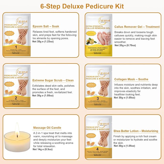 Deluxe Pedicure 6 Step in 1 Box – Epsom Salt, Callus Remover, Extreme Sugar Scrub, Collagen Mask, Massage Oil Candle & Shea Butter Lotion. (Milk & Honey 09 Set)