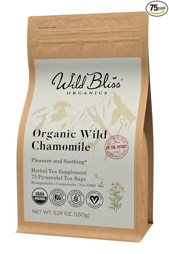 Wild Bliss Organic Chamomile Tea - Caffeine Free Calming Herbal Support - Pharmacopoeia Potency - 75 Plant Based Tea Bags