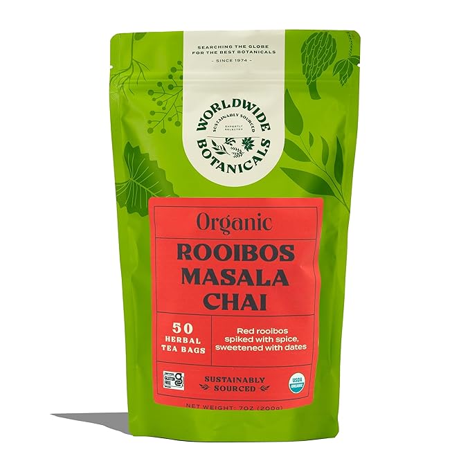 Worldwide Botanicals Rooibos Masala Chai Herbal Tea, 50 Tea Bags - Organic, Caffeine Free, Kosher, 50% More Herbs - 50 Tagless Eco-Friendly Tea-Bags