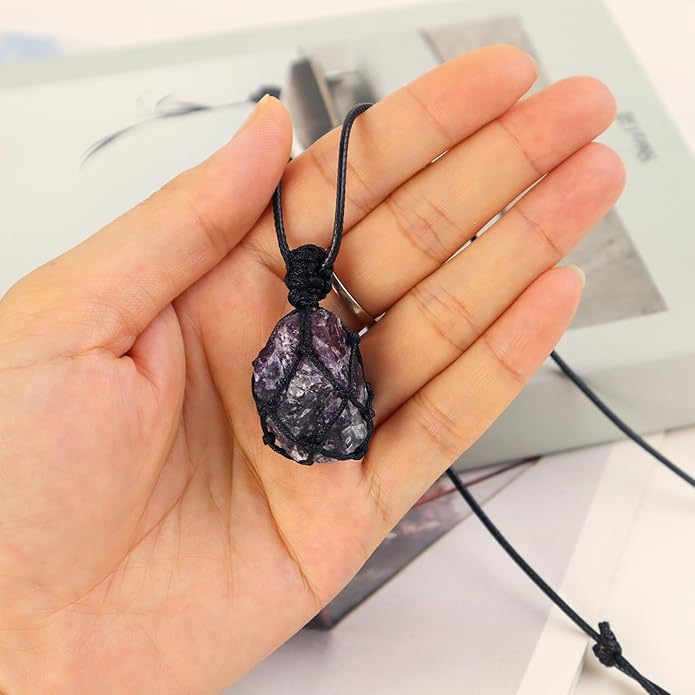 Handmade Natural Gemstone Crystal Pendant Necklace Stone Holder Necklace Cord Net Necklace with Adjustable Length for Women Men