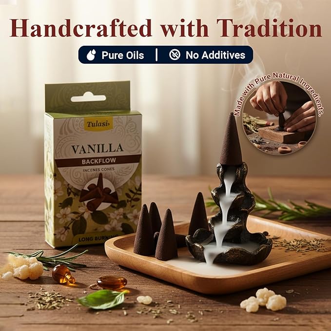 Tulasi Backflow Incense Cones with Natural Oils, Scents Set of 12 Fragrances (120 Cones) Calming Home Aromatherapy, Yoga, Meditation, Relaxing, Mixed Scents with Natural Oils, Thanks Giving
