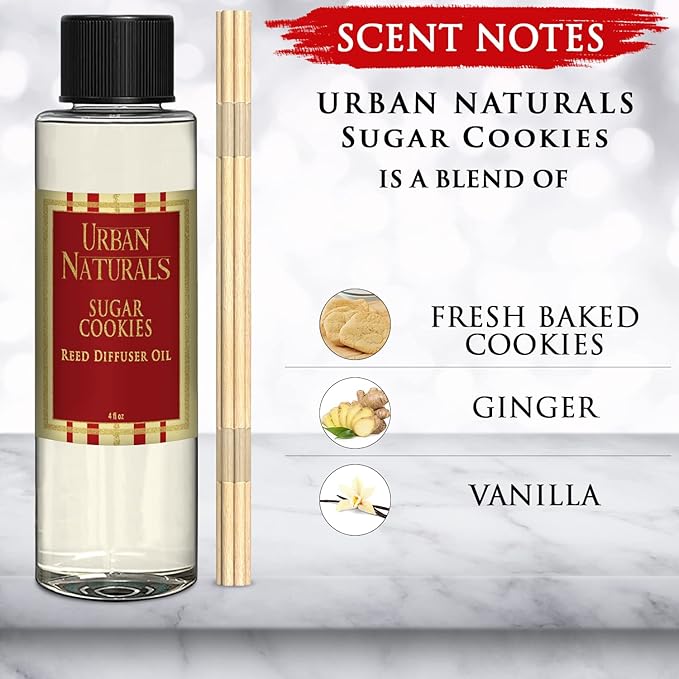 Urban Naturals Sugar Cookies Oil Reed Diffuser Refill with Free Set of Reed Sticks β Freshly-Baked, Buttery Cookie with Ginger Vanilla Frosting | Great Kitchen Scent | Made in The USA Vegan, 4 oz