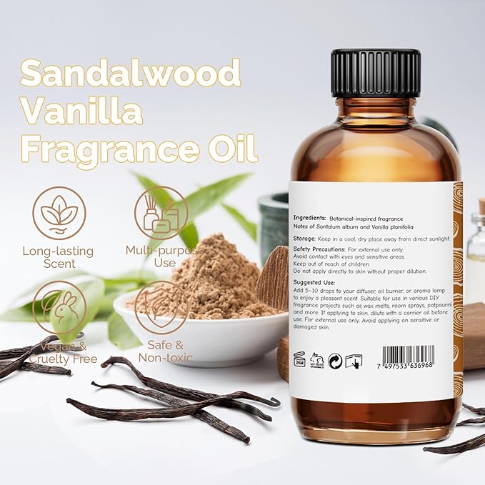 Sandalwood Vanilla Fragrance Oil 2 Oz, Natural Scent Oil for Home Essential Oils Diffuser, Candle Making, Soap Making, DIY Body Oils, Perfume, Body Mist, Spray - Sweet Woody Scent