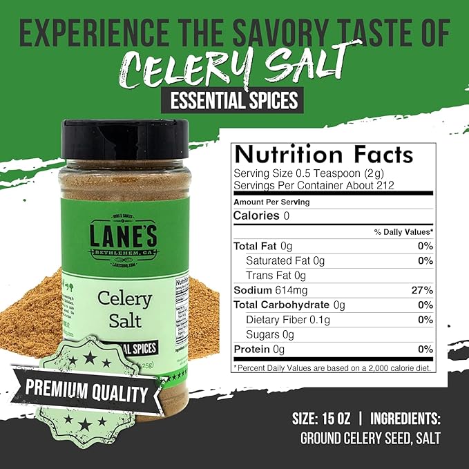 Lane's Celery Salt Seasoning, All-Natural Celery Seed Powder, Great on Soups, Stews & Marinades, Made in USA, 15 Oz