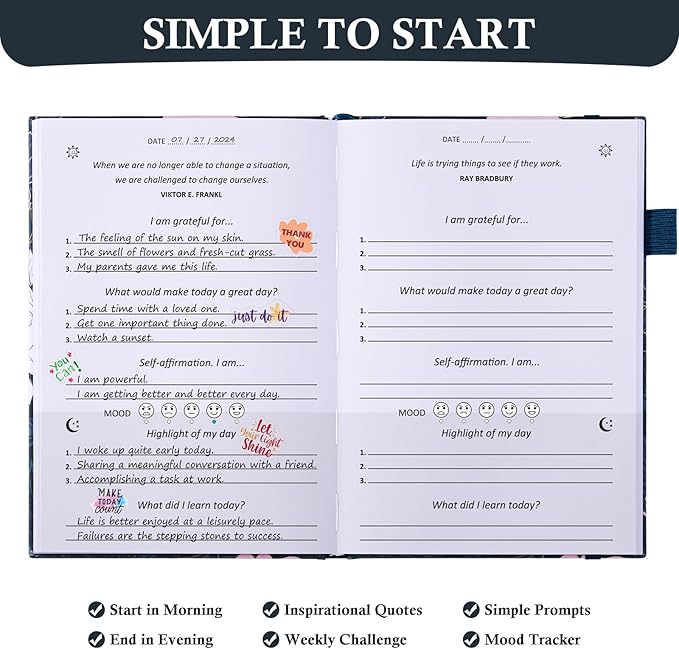 Gratitude Journal with 4 Inspirational Stickers: Undated Daily Gratitude Journal for Women and Men - More Happiness, Affirmation, and Mindfulness in A Few Minutes with Prompts & Quotes (Peony)