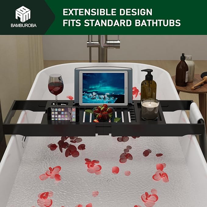 Foldable Bamboo Bathtub Caddy Tray Expandable for Luxury Bath, Bath Accessories & Table with Wine Glass Holder, Book Stand Bathroom Organizer with Extending Sides for Men/Women,Black