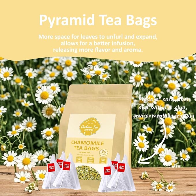Ovikaso Tea, Chamomile Tea Bags, 50 Pyramid Tea Bags, 1.5g/bag, 100% Natural, Herbal Tea for Relaxation, Direct from Source, Non-GMO, No Caffeine