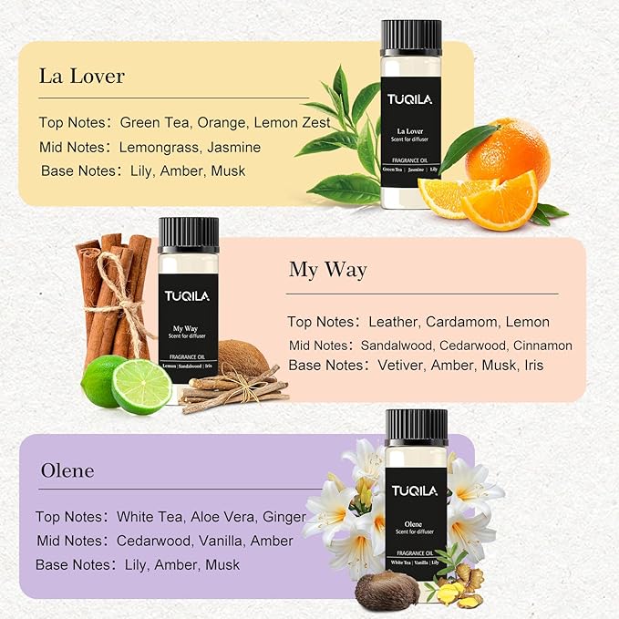 Hotel Luxury Waterless Diffuser Essential Oil Set(10x 20mL), Aroma Scent Oil My Way, Diamond, Hope, White Tea, Olene, Usage Cold Air Diffuser Aromatherapy for Home, Car, Hotel, Office