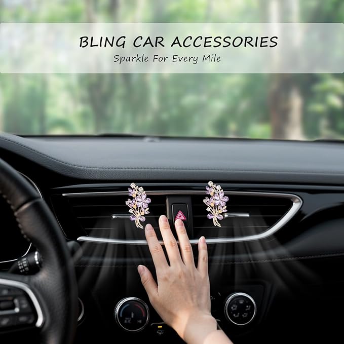 2pcs Flower Car Vent Clips Car Air Freshener Bouquets Flower Purple Car Accessories for Women Rhinestone Flower Air Vent Clips Car Decor,Sparkling Refillable Car Diffuser