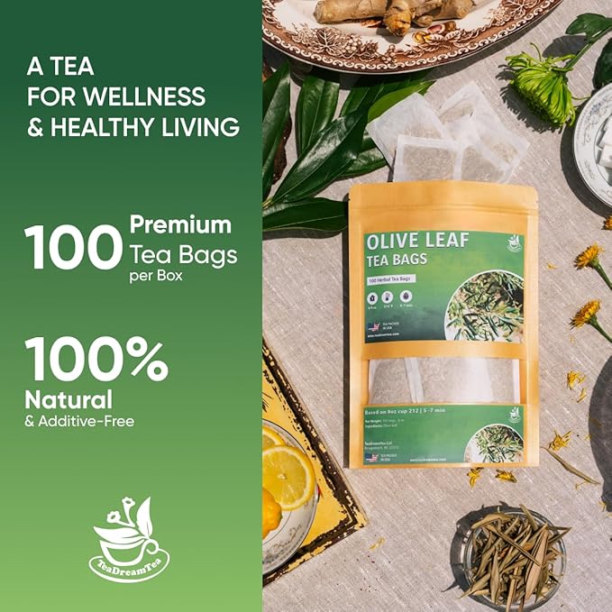 Olive Leaf Tea Bags – 100 Bags (Premium Dried Olive Leaf Tea - 100 Count), Natural Extract Caffeine-Free Herbal Tea for Health & Immune Support