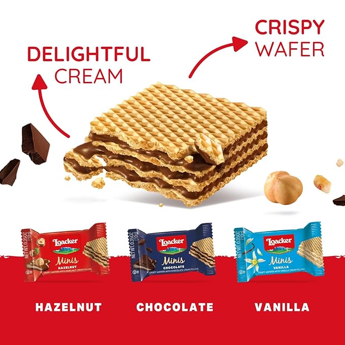 Loacker Minis Wafer Variety Pack - 30% Less Sugar - Premium Assorted Cream Filled Wafer Cookies - Mix of Hazelnut, Chocolate and Vanilla Crispy Wafers - NON-GMO - Sustainably Sourced Ingredients - 10g/0.35oz, 40 Individually Wrapped Snack Packs (mix)