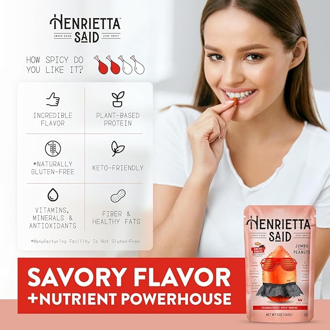 Henrietta Said Wing-Flavored Peanuts - Truly Good Foods Snacking Nuts - Bold Flavors - Savory & Spicy - Jumbo Flavored Peanuts - Protein Packed Vegan Snack - 4 (5-oz) Packs - Ancho Kimchi