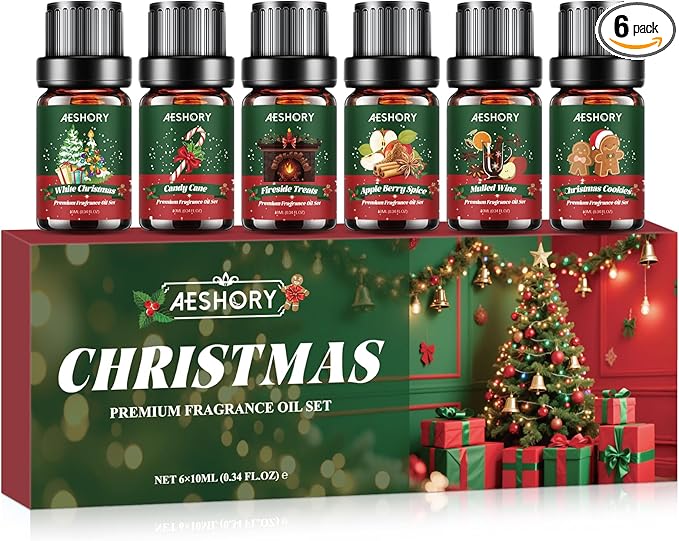 Christmas Fragrance Oil Set, 6 Premium Winter Essential Oils for Diffuser, Scented Oils Gift for Soap & Candle Making, Candy Cane, Fireside Treats, Apple Spice, Mulled Wine, White Christmas, Cookies