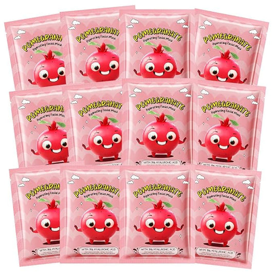 12 Pack Kids Face Masks for Kids Girls Spa, Girls Kids Facial Spa Day Slumber Sleepover Birthday Party Favors Supplies Kit for Girl, Kid Friendly Facial Face Masks Bulk Skincare for Kid, Pomegranate