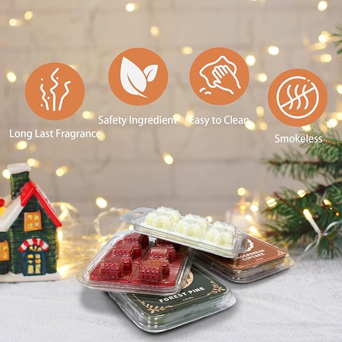 Christmas Scented Wax Melts, Winter Holiday Soy Wax Cubes for Wax Warmer, Snowflake Pines Elk Gingerbread Cubes Set, Spiced Cider, Gingerbread Cupcake, Peppermint, Forest Pine