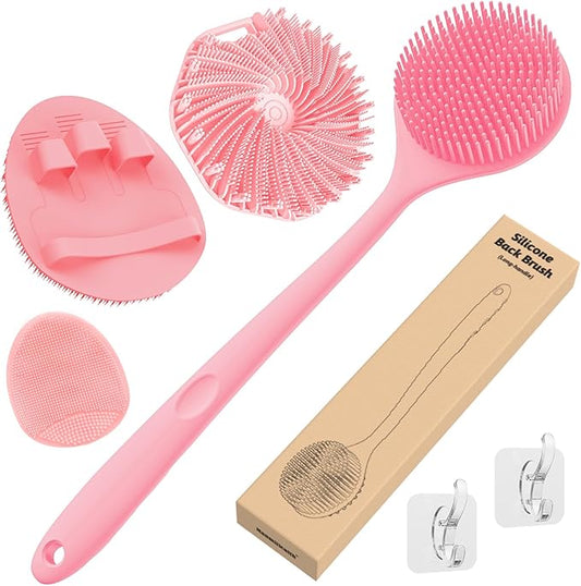 Manmihealth Silicone Back Scrubber & Soft Bath Glove Set 4 PCS(Thin Bristles), Super-Exfoliating Body Scrubber & Super-Lathering Shower Face Brush Combination, with 2 Free Hooks (Pink)