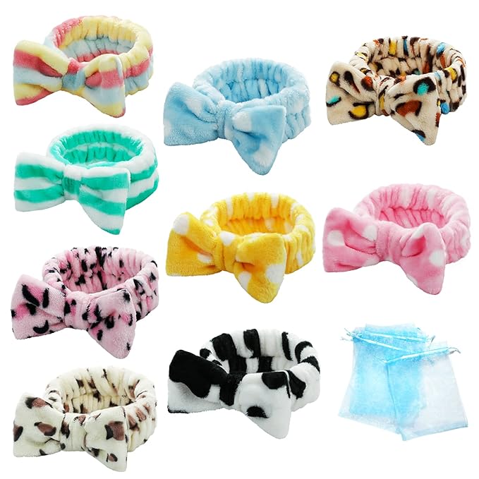 TDHDIKE Spa Headband Bow Facial Makeup Headband(9 Pcs),Soft Headband for Shower Washing Face, Extra Add 5 Gift Bags, Nice Gifts for Women Girls.