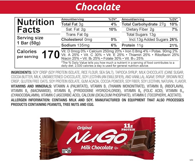 NuGo Protein Bar, Chocolate, 11g Protein, Gluten Free, 15 Count