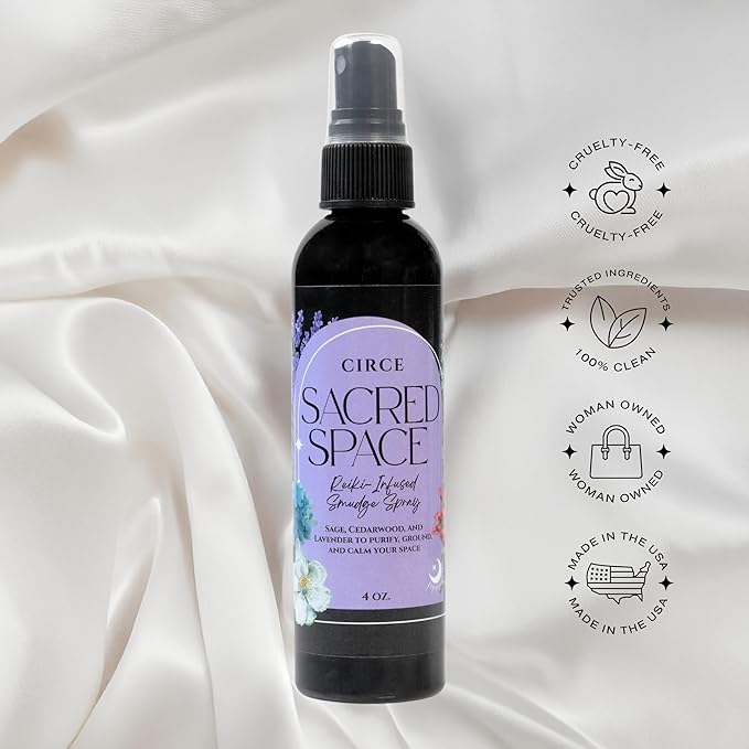 Circe Sacred Space Smudge Spray – 100% Natural Smoke Free Alternative to Clear Negative Energy, Restore Peace & Balance -Sage, Cedarwood & Lavender Blend - Soothing, Grounding, Self Care, Gift - 4oz